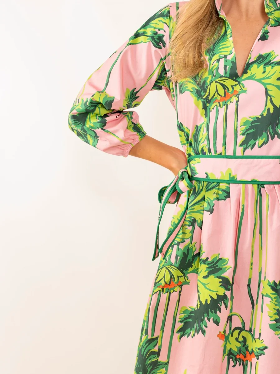 Bold Botanical Green Leaf Print Pink Midi Dress