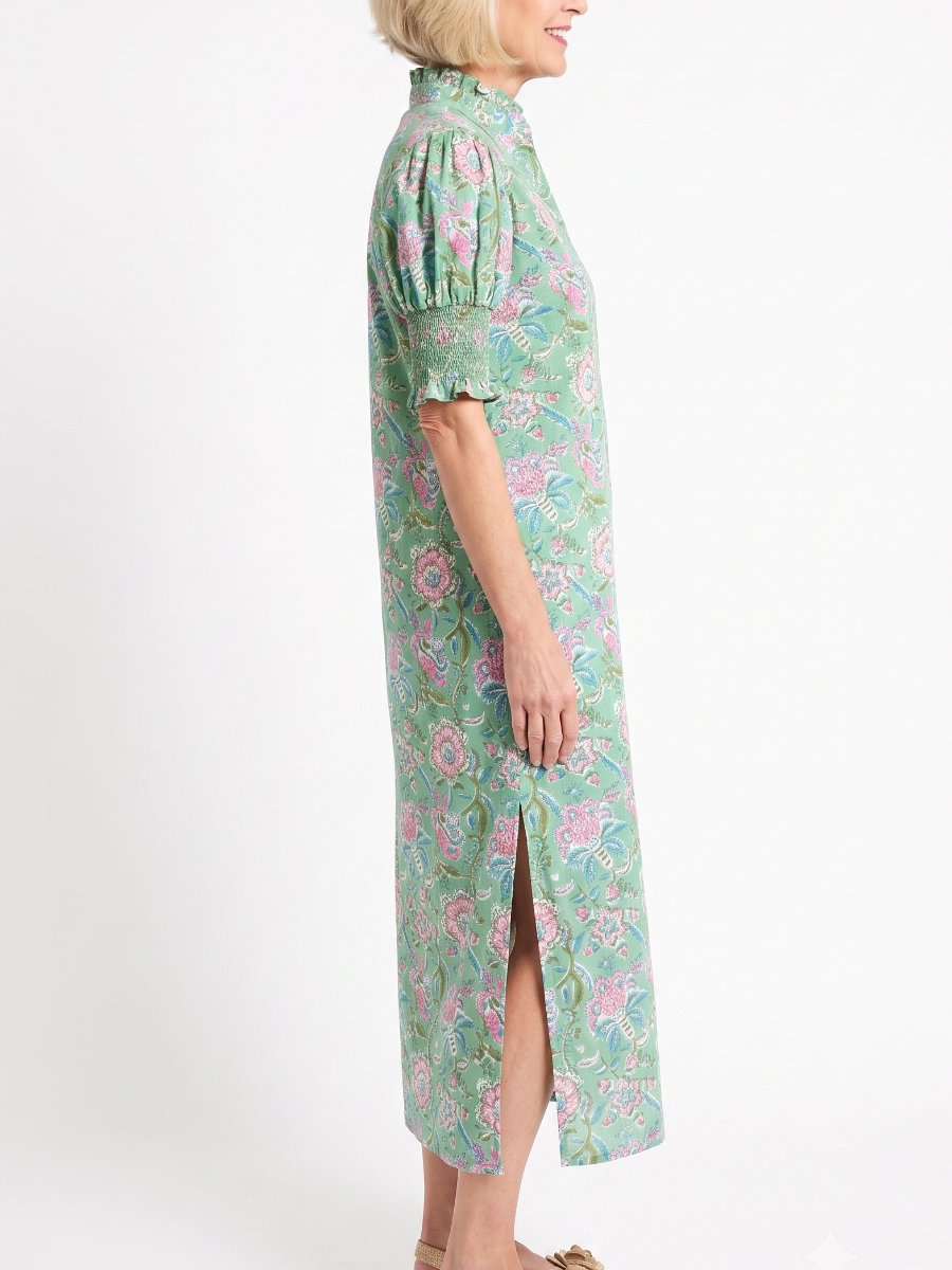 Green Floral Hand-Block Print Midi Dress With Puff Sleeves