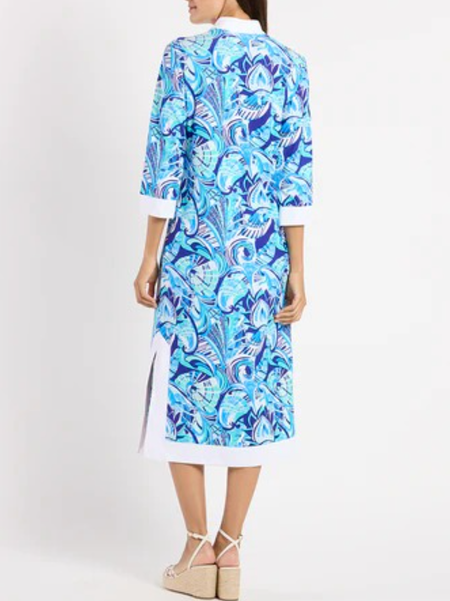 Tropical Print Contrast Collar Midi Shirt Dress