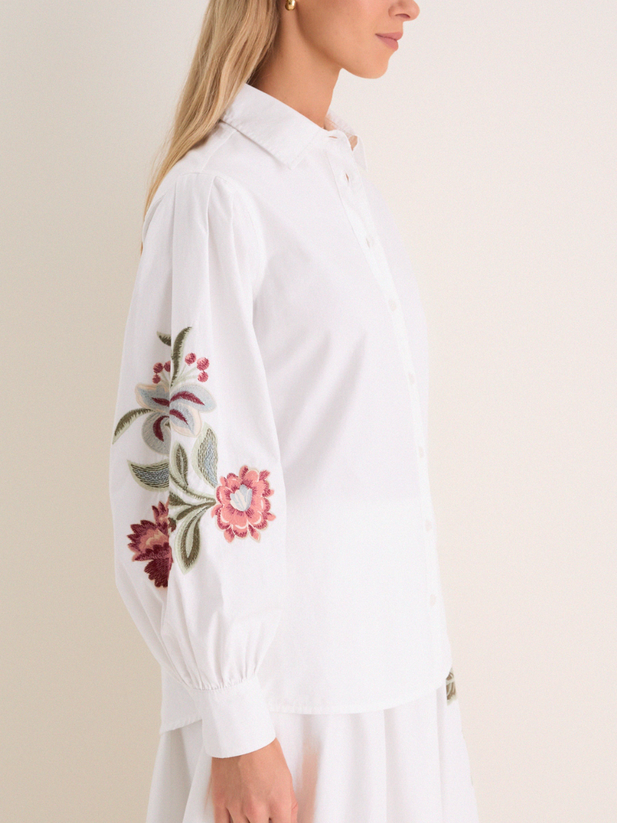 White Botanical Embroidered Two-Piece Set | Puff Sleeve Button-Down & High-Waist Skirt