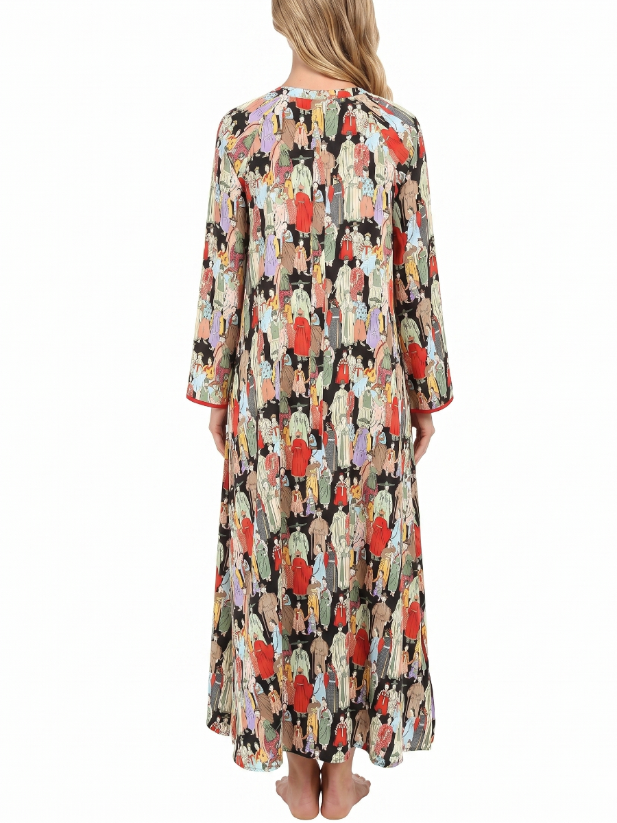 Vintage Hanbok Character Print Long Robe Dress - Black Straight-Cut With Red Piping