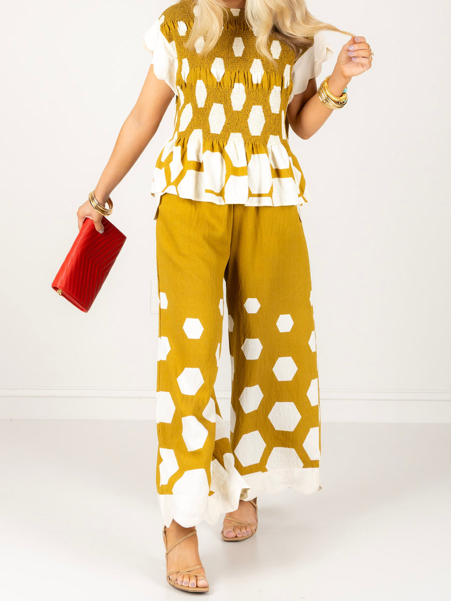 Abstract Print Top & Wide-leg Pants Two Pieces Set