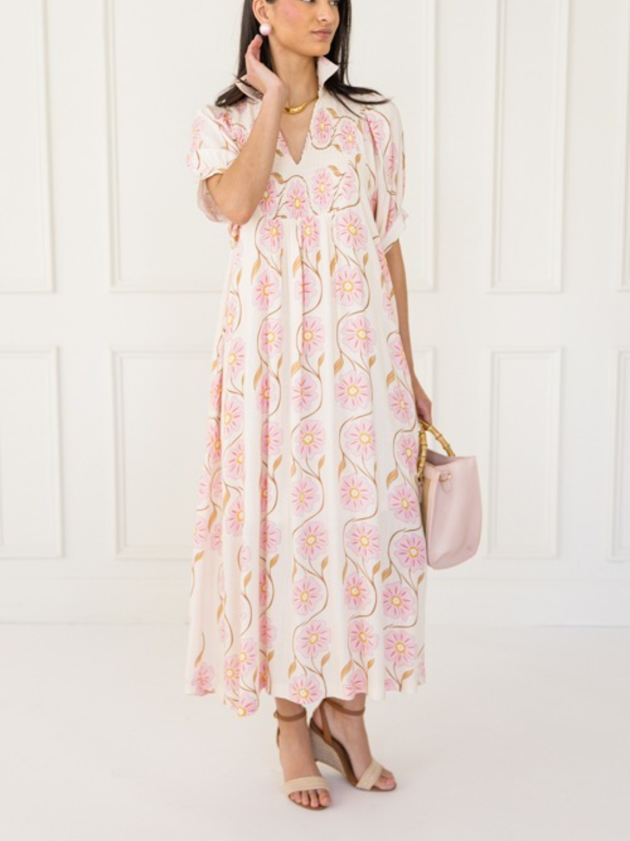 Cream Pink Daisy Print Puff Sleeve Maxi Dress