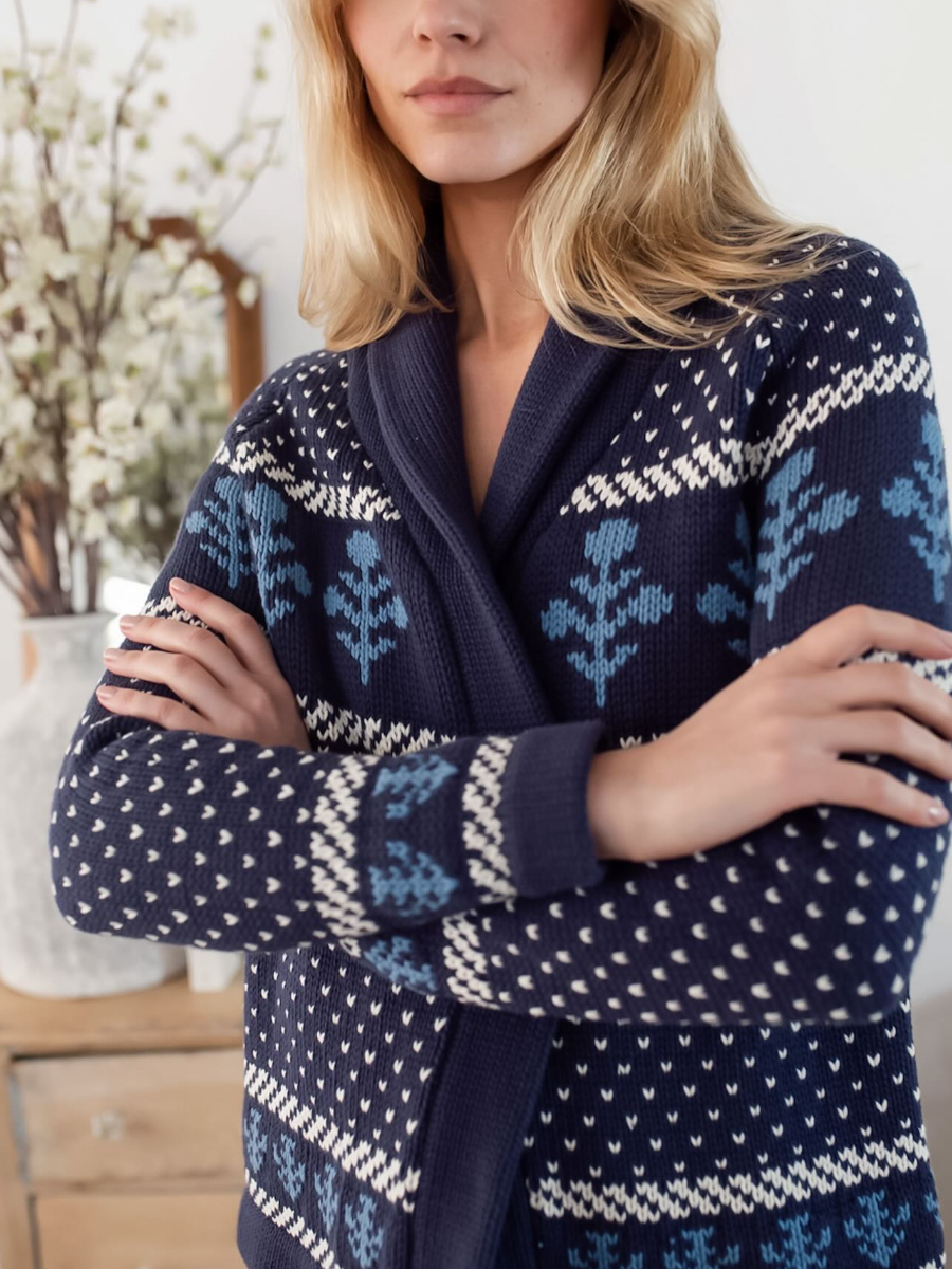 Floral Knit Shawl Collar Cardigan