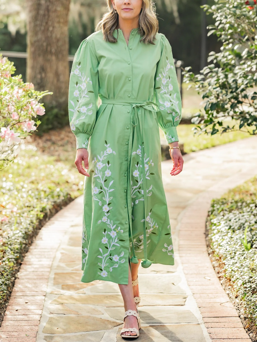 Green Floral Embroidered Midi Shirt Dress