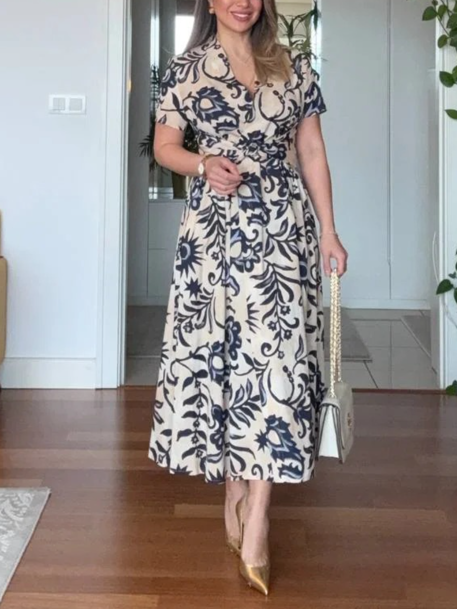 Navy Floral-Print Twisted Front Midi Dress