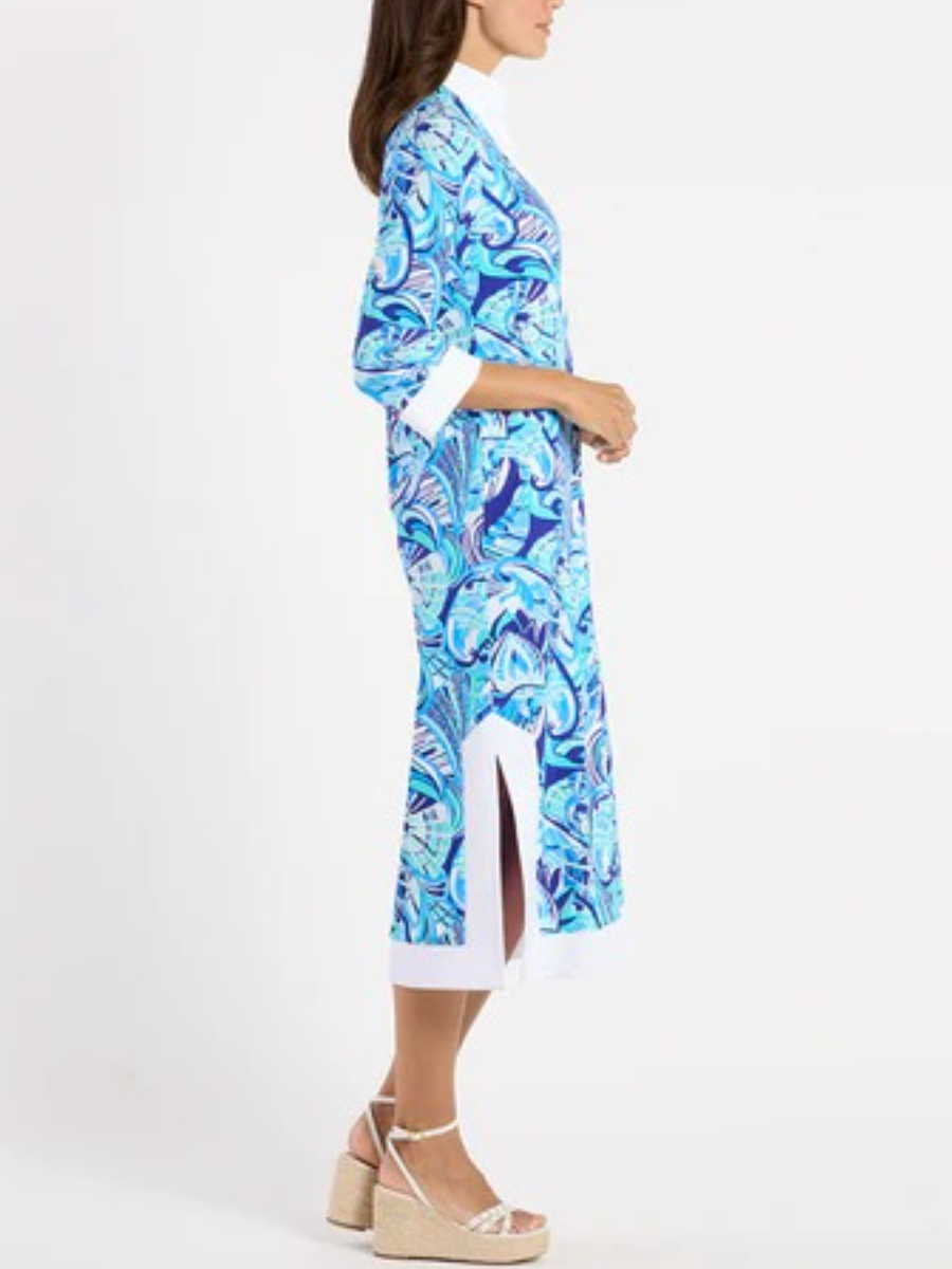 Tropical Print Contrast Collar Midi Shirt Dress