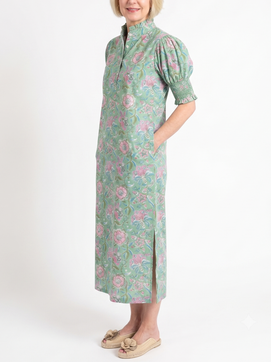 Green Floral Hand-Block Print Midi Dress With Puff Sleeves