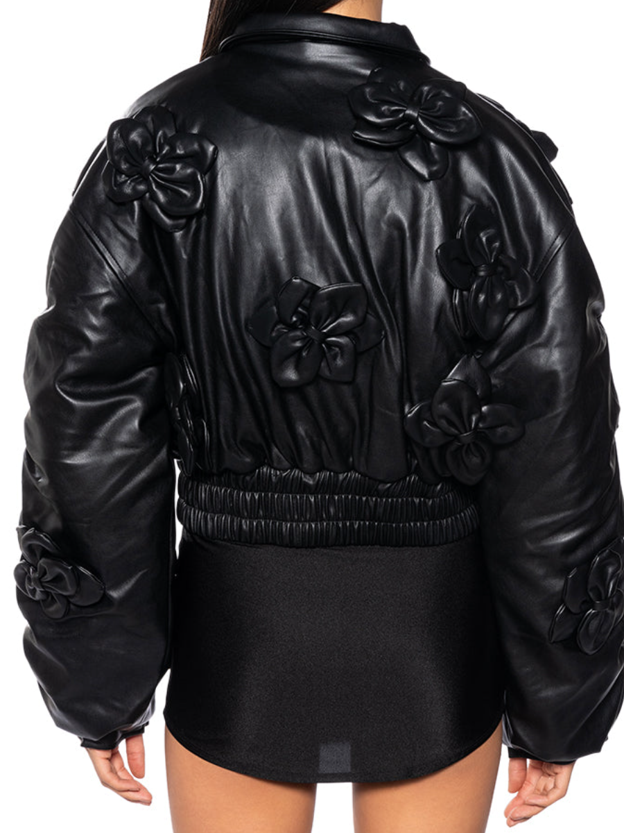 Three-Dimensional Faux Leather Floral Coat