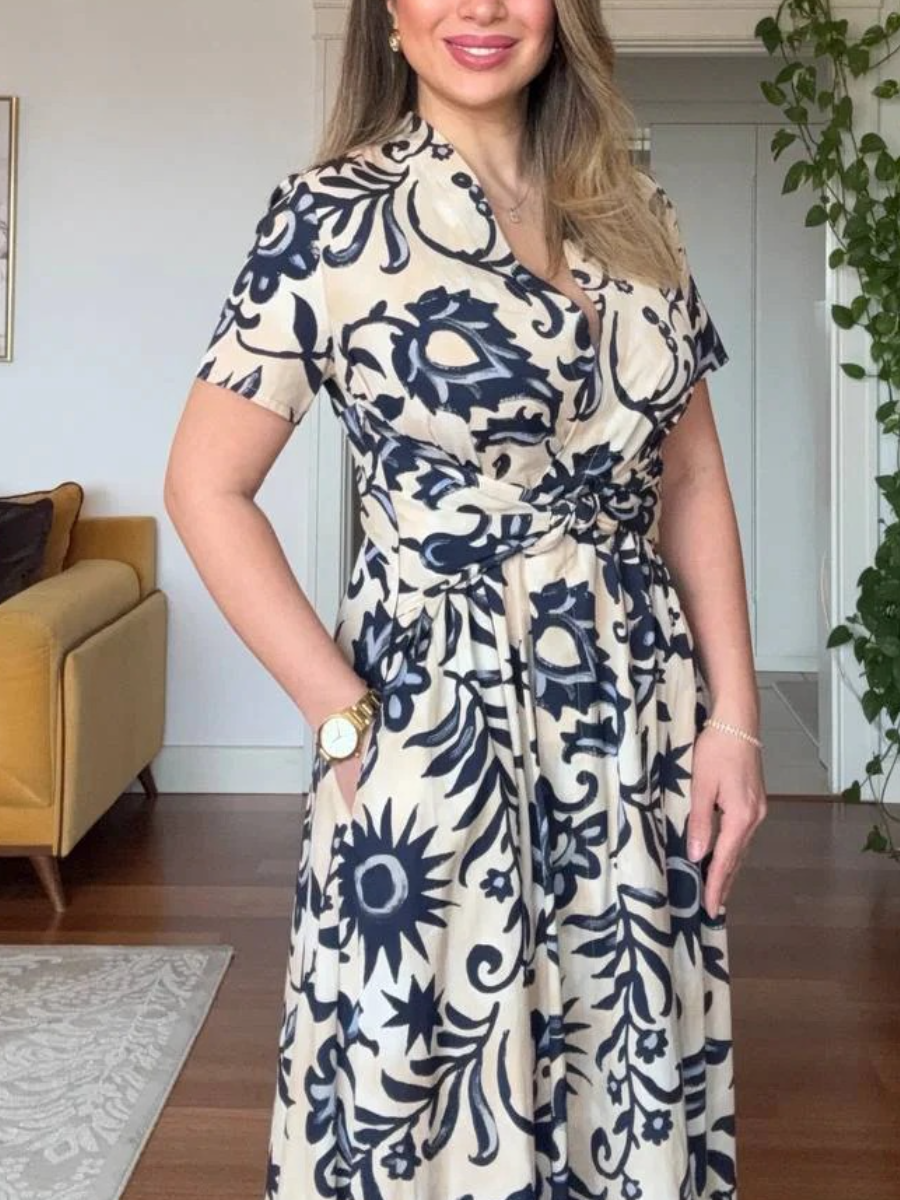 Navy Floral-Print Twisted Front Midi Dress