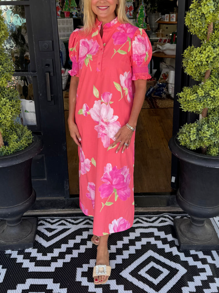 Vibrant Pink Floral Puff Sleeve Midi Dress