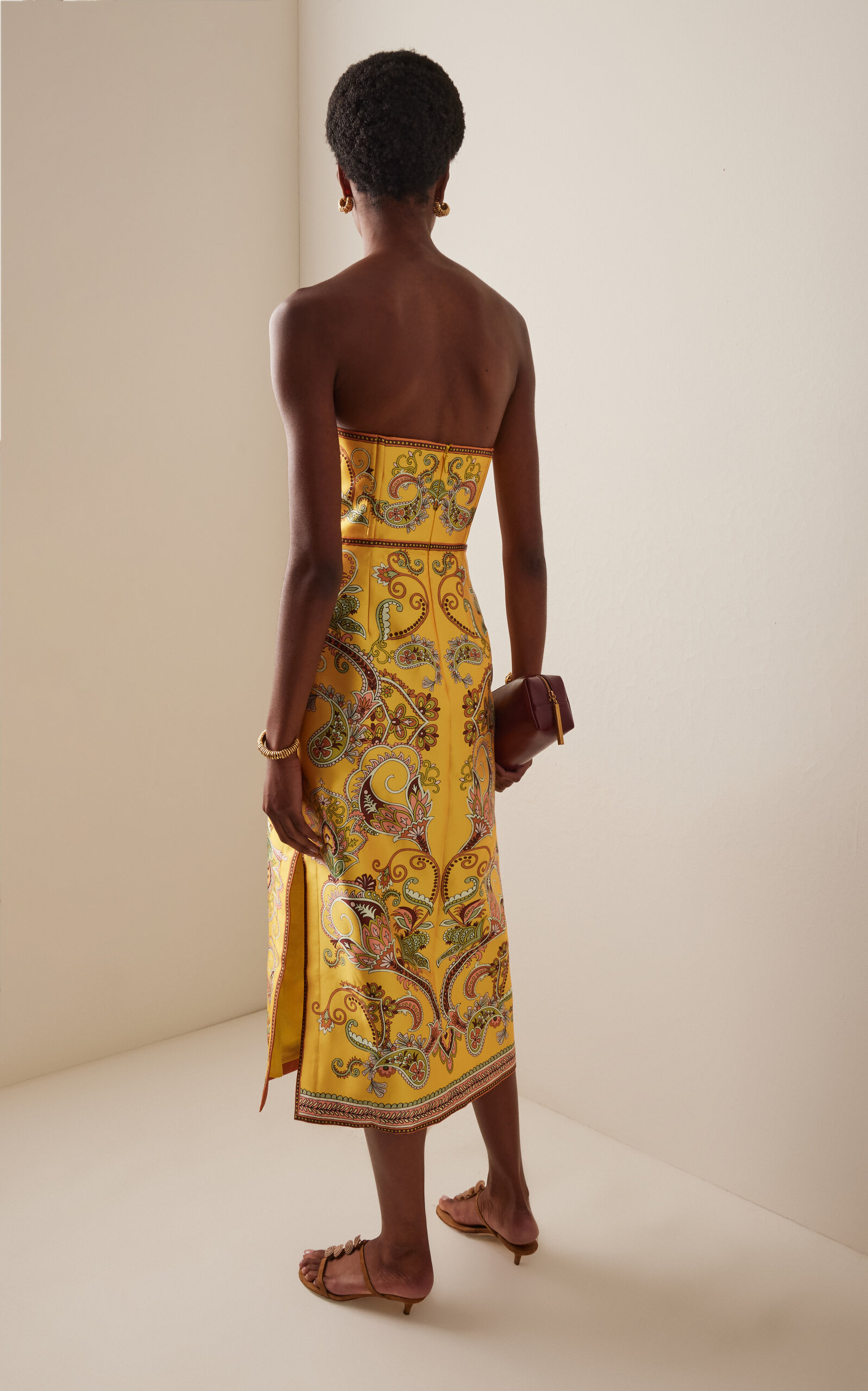 Strapless printed twill midi skirt