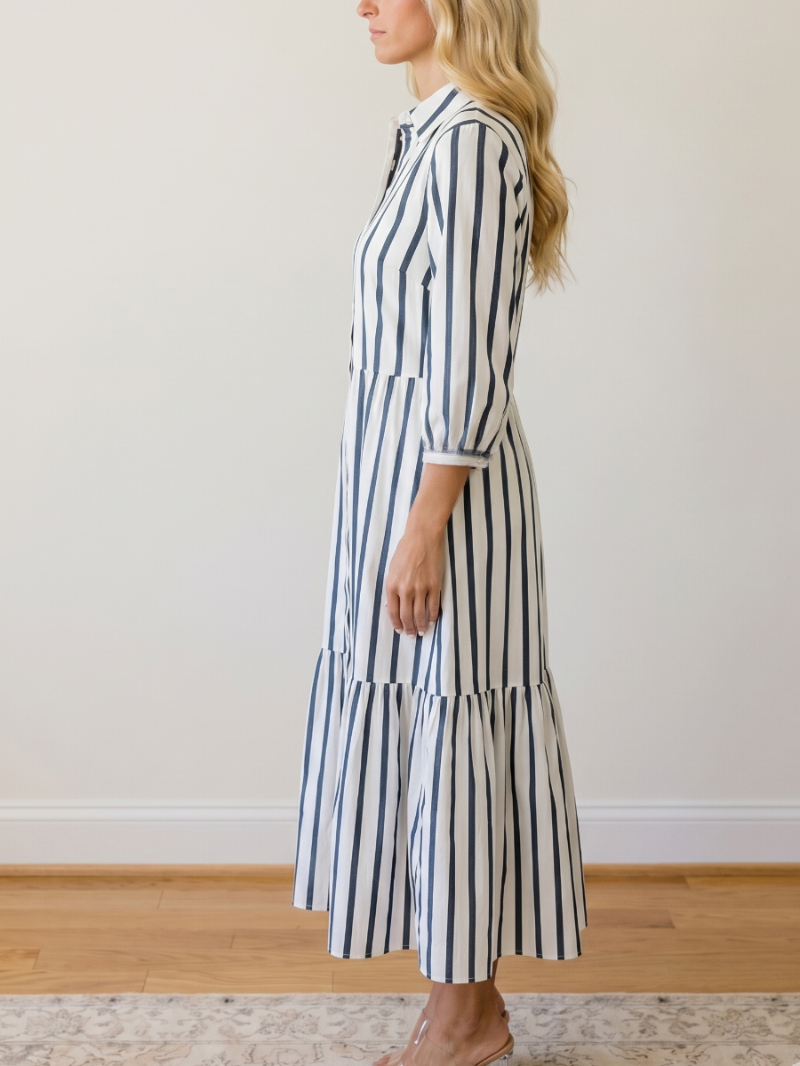 Classic Striped Button-Down Tiered Maxi Dress