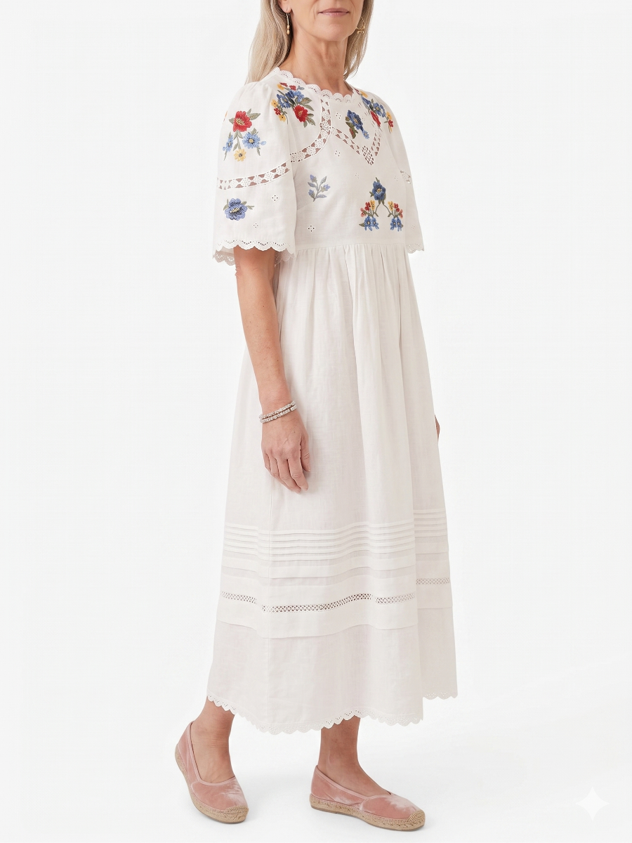Cottagecore Embroidered Empire Waist Midi Dress