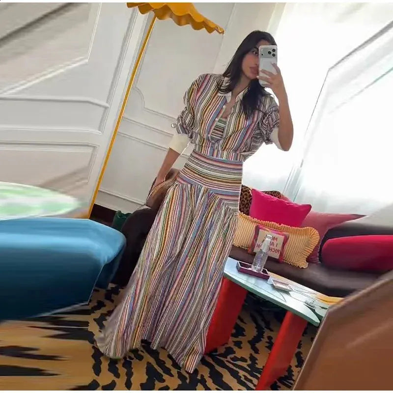 Bohemian-style colorful striped long shirt dress