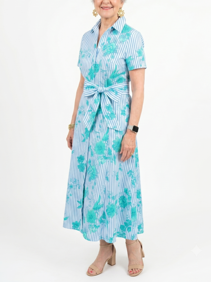 Teal Floral Stripe Short Sleeve Belted Midi Shirt Dress