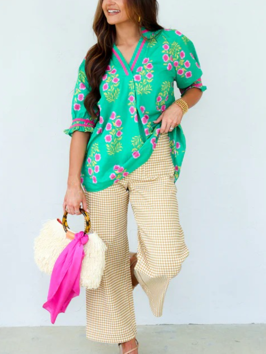Vibrant Green & Pink Floral Block-Print V-Neck Blouse