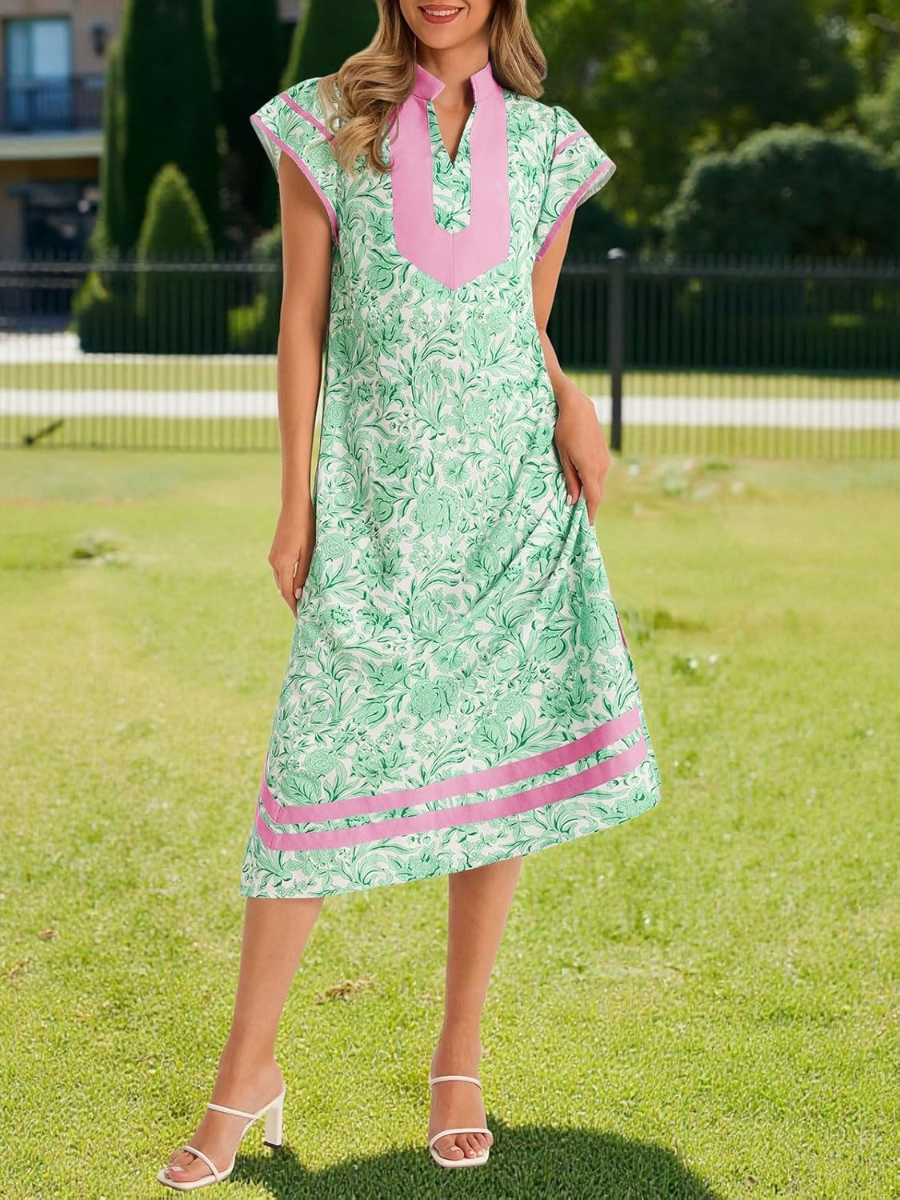 Tropical Green Floral Print V-Neck Midi Dress With Pink Accents