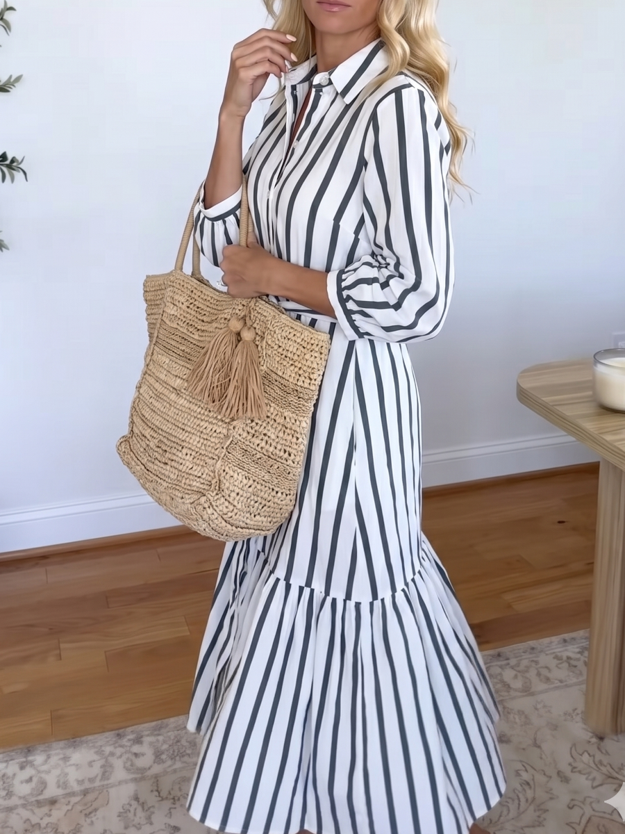 Classic Striped Button-Down Tiered Maxi Dress