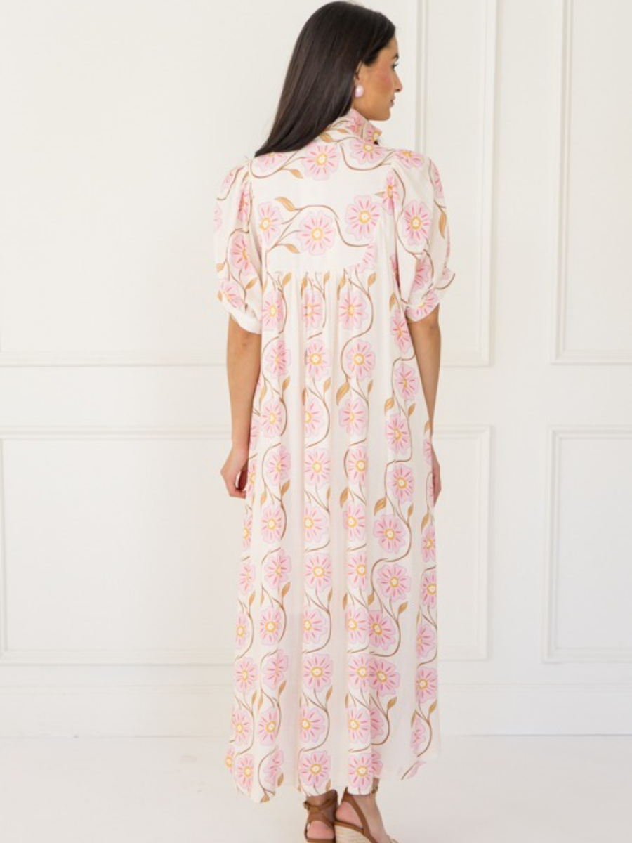 Cream Pink Daisy Print Puff Sleeve Maxi Dress