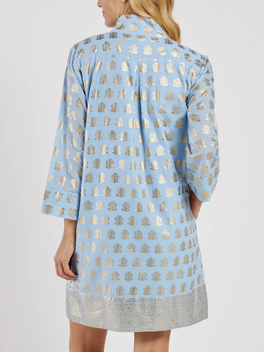 Metallic Elegance | Light Blue Gold Foil Print Tunic Dress