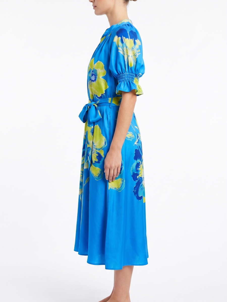 Bright Blue Lime Yellow Floral Print Belted Midi Dres