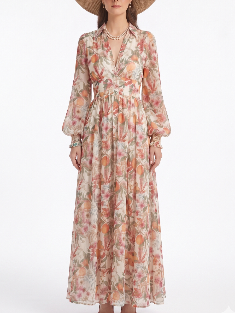 Cream Citrus & Floral Print Collared V-Neck Maxi Dress