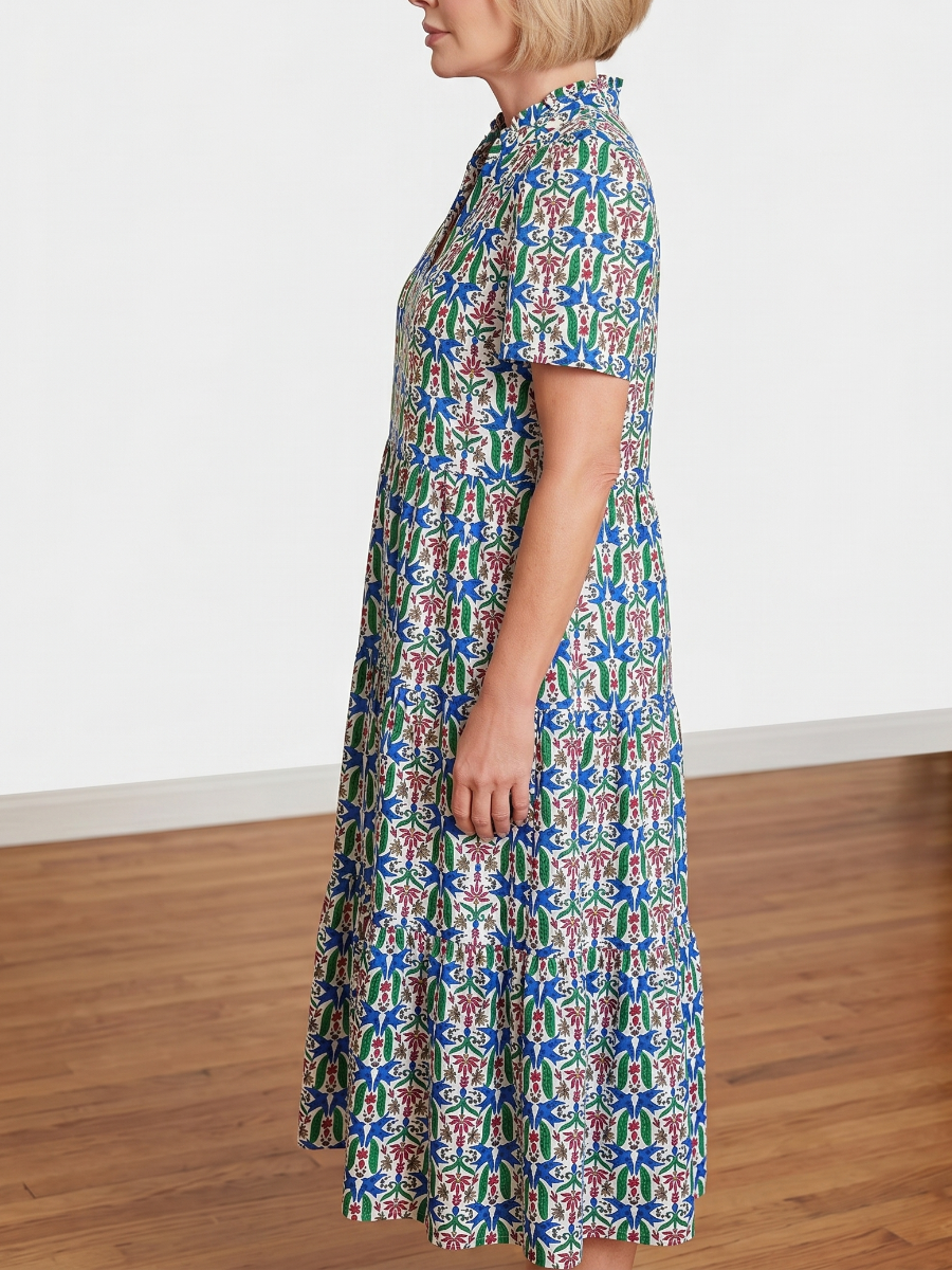 Tropical Aviary Tiered Ruffle Midi Dress
