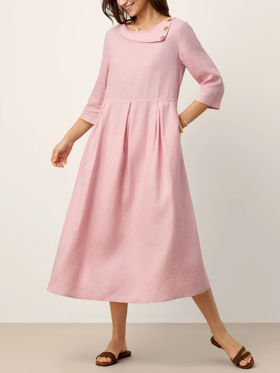 Elegant Pink Linen-Blend Midi Dress With Asymmetrical Button Collar