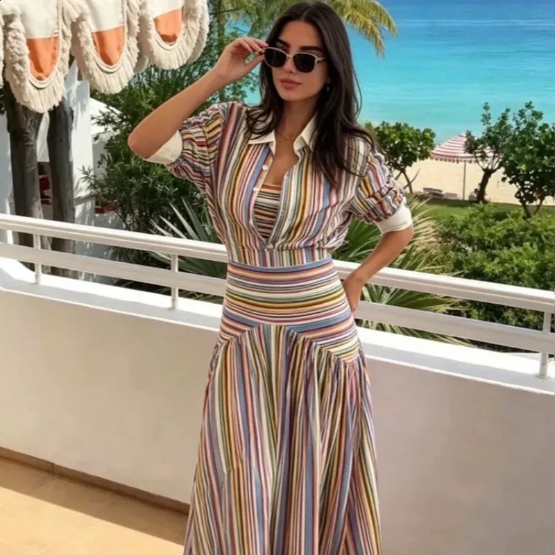 Bohemian-style colorful striped long shirt dress