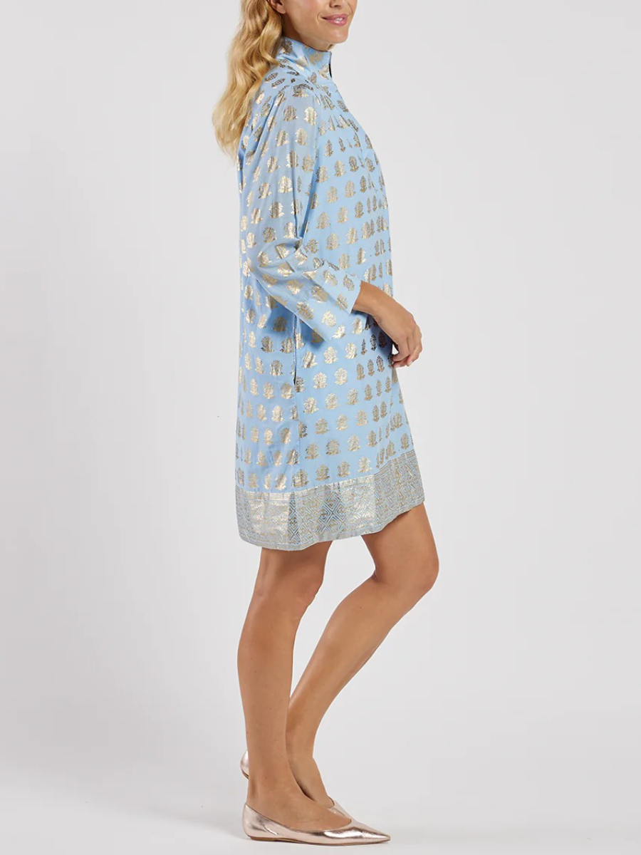 Metallic Elegance | Light Blue Gold Foil Print Tunic Dress