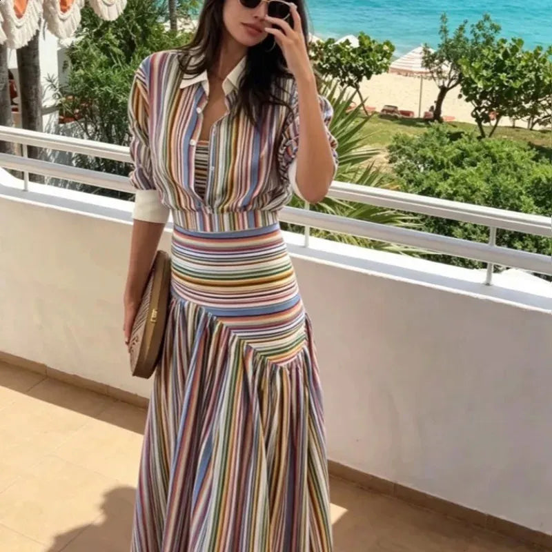 Bohemian-style colorful striped long shirt dress