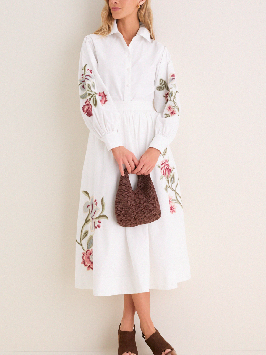 White Botanical Embroidered Two-Piece Set | Puff Sleeve Button-Down & High-Waist Skirt
