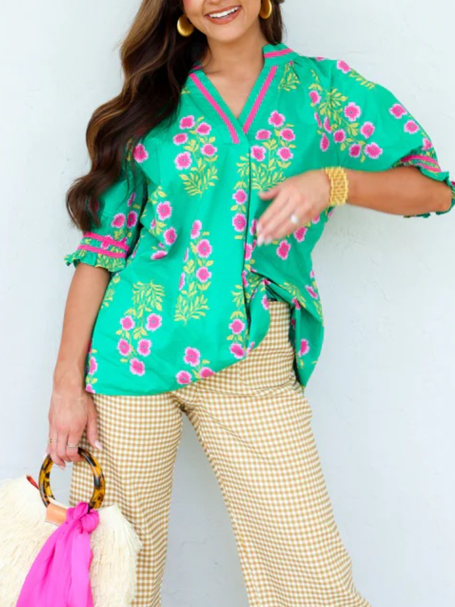 Vibrant Green & Pink Floral Block-Print V-Neck Blouse