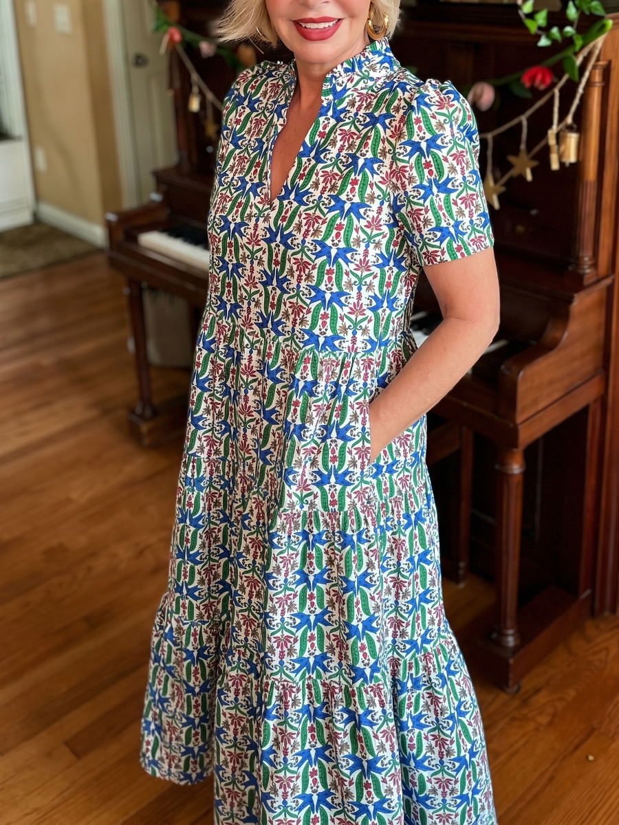 Tropical Aviary Tiered Ruffle Midi Dress