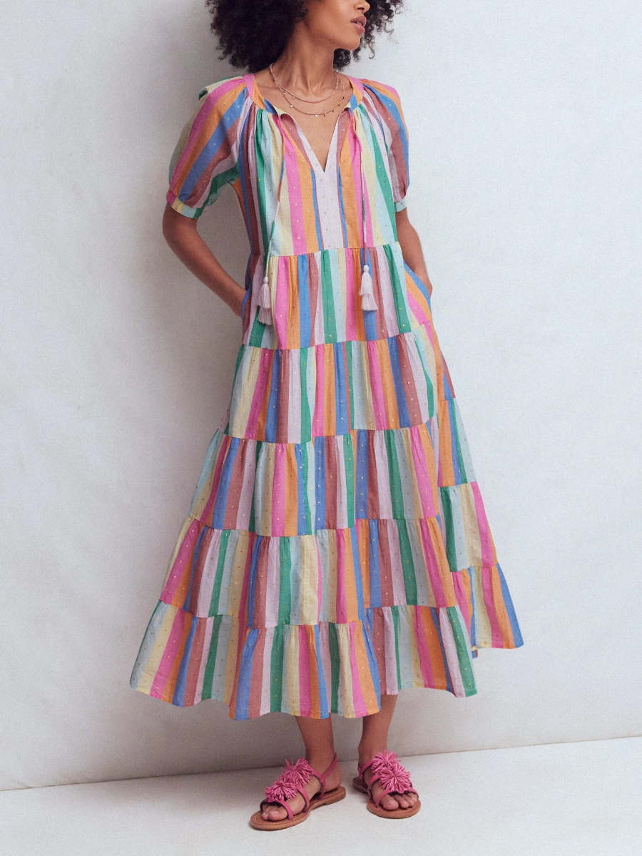 Rainbow Stripe V-Neck Tassel Tie Tiered Maxi Dress