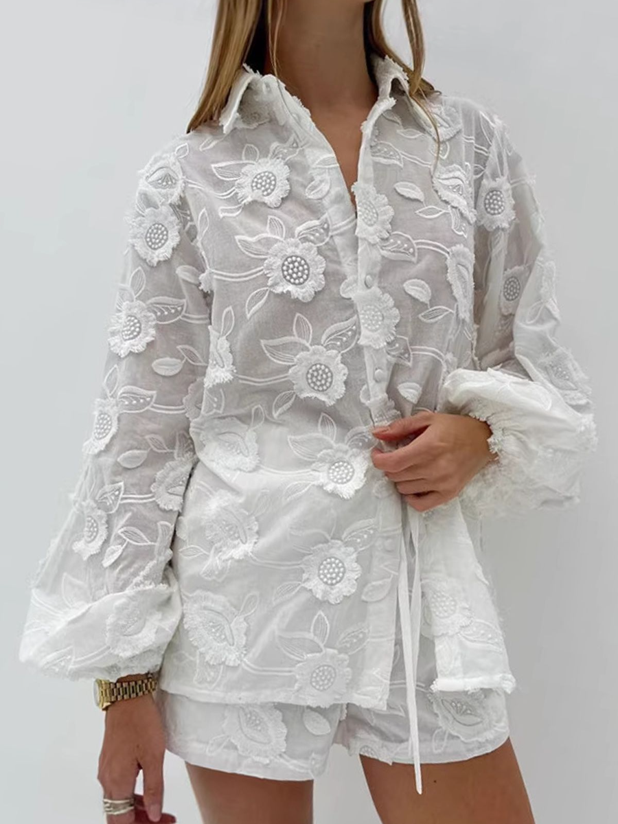 Ethereal Bloom | 3D Floral Embroidered Sheer Shirt & Shorts Set
