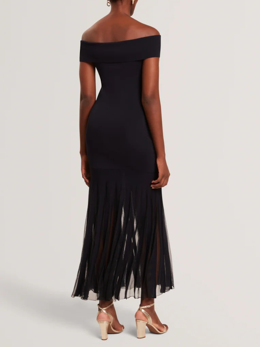 Suannaa Dropped Waist Off The Shoulder Knit Dress