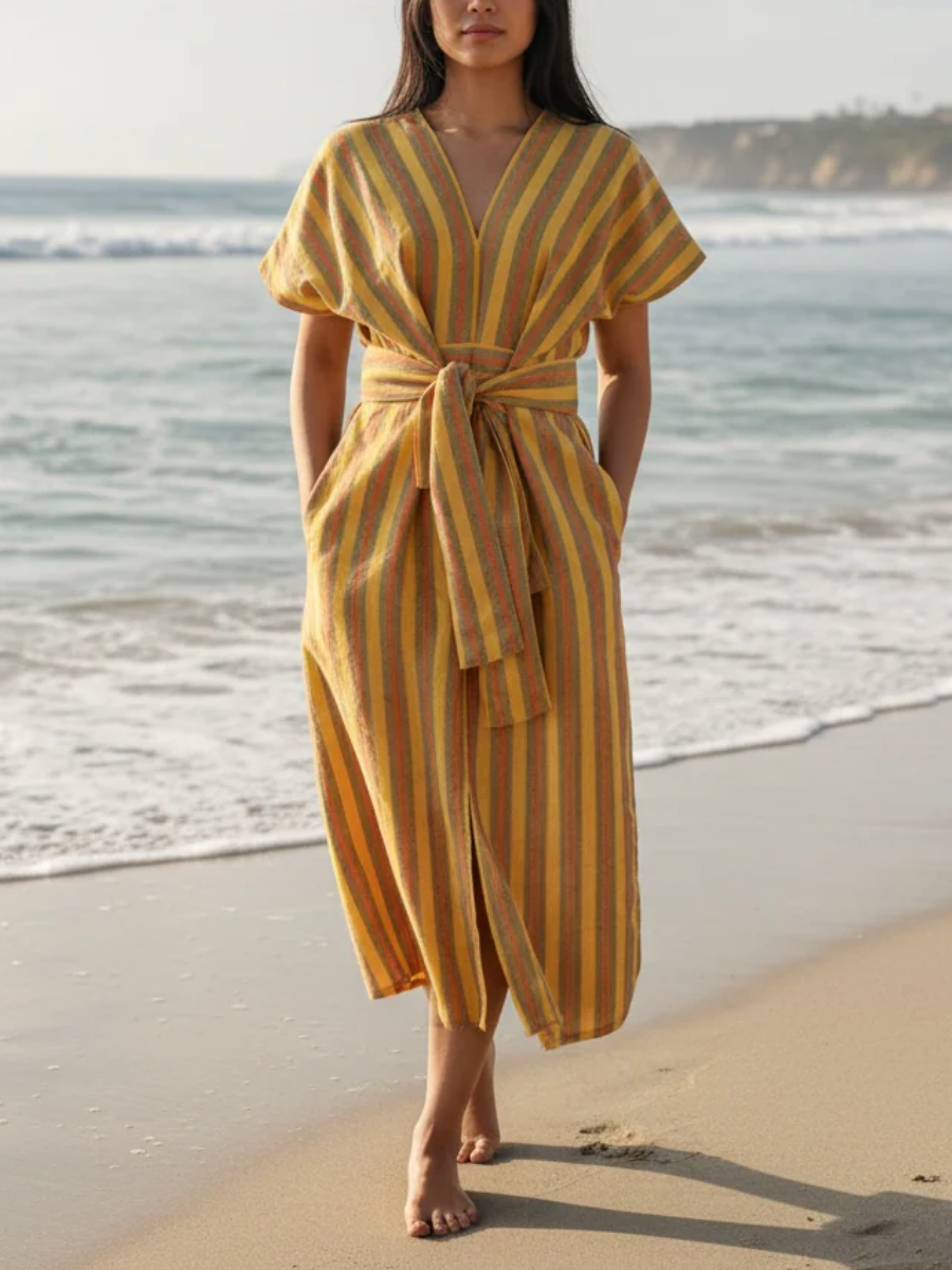Sunlit Stroll | Multi-Stripe V-Neck Belted Midi Dress
