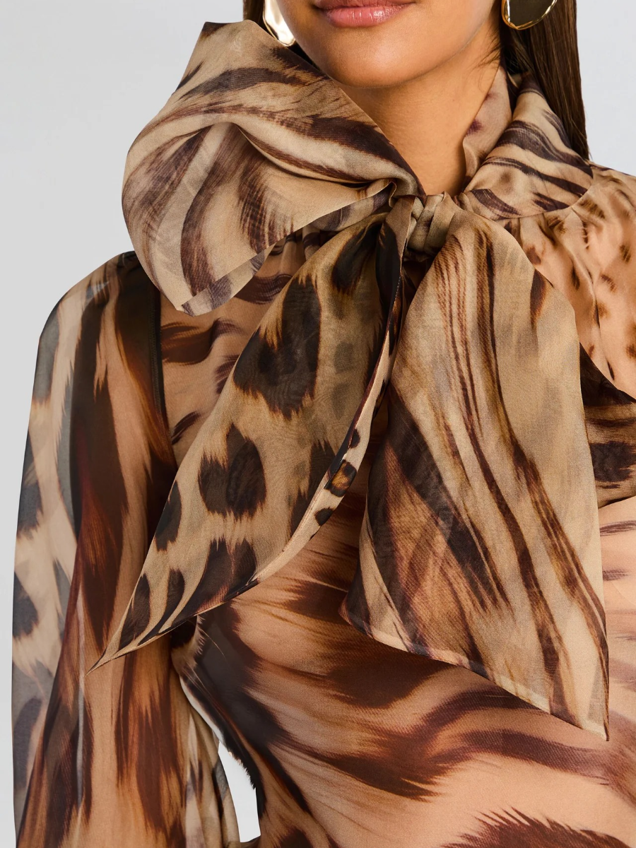 Animal Print Oversized Bow Sheer Puff Sleeve Blouse