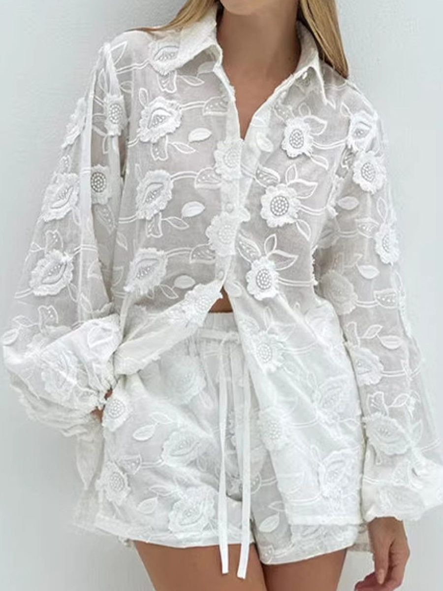 Ethereal Bloom | 3D Floral Embroidered Sheer Shirt & Shorts Set