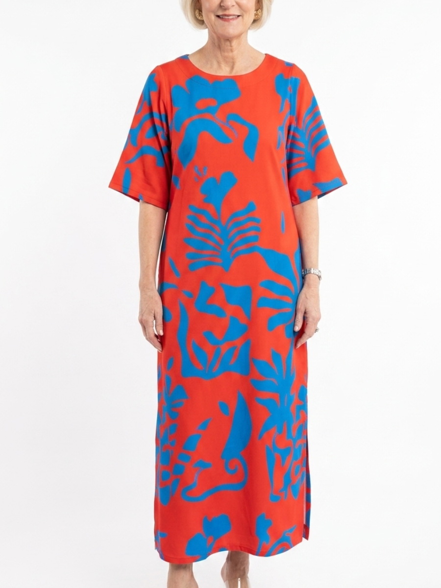 Vibrant Red And Blue Abstract Floral Tunic Maxi Dress With Side Slit