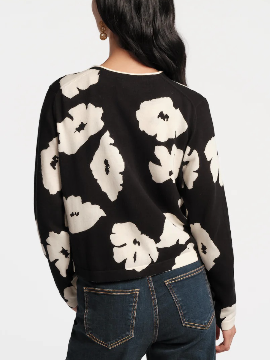 Floral Print Pearl Button Cropped Wool Cardigan