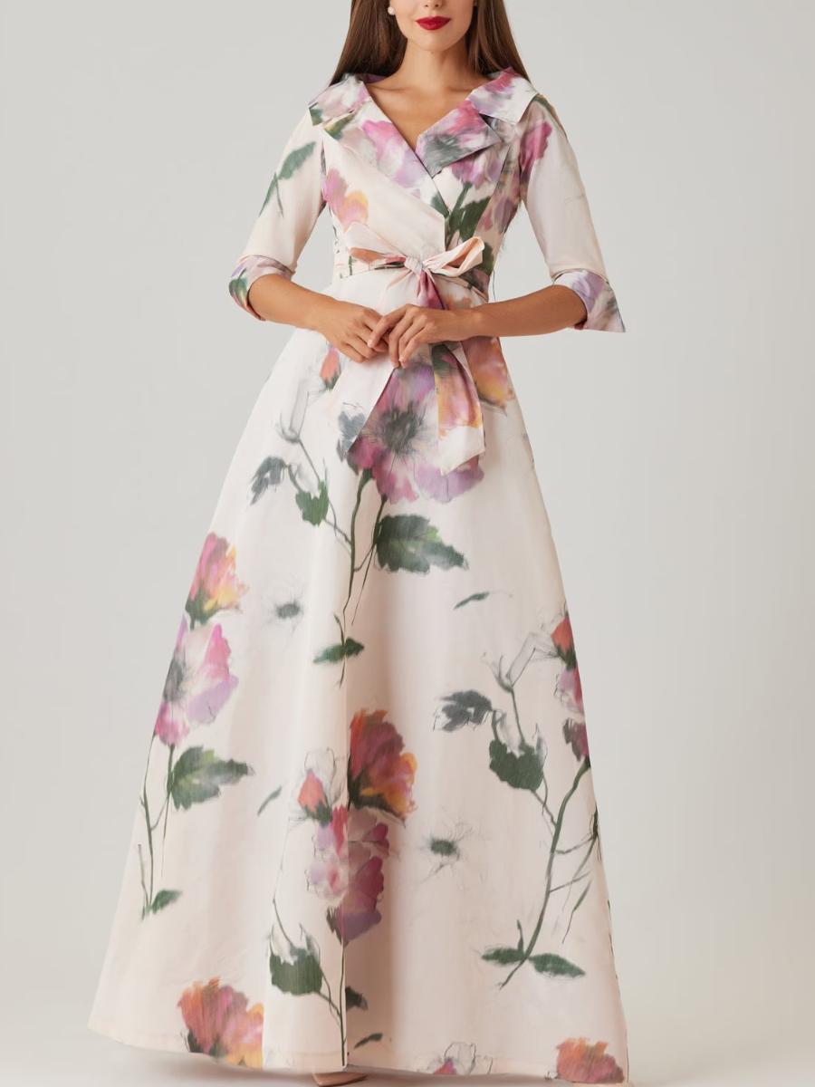 Exquisite Watercolor Floral Print Wrap-Style Evening Gown