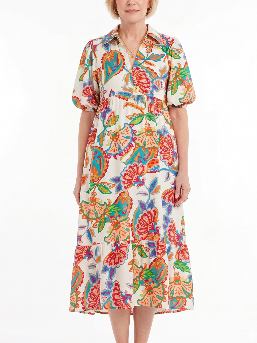 Vintage Floral V-Neck Puff Sleeve Dress
