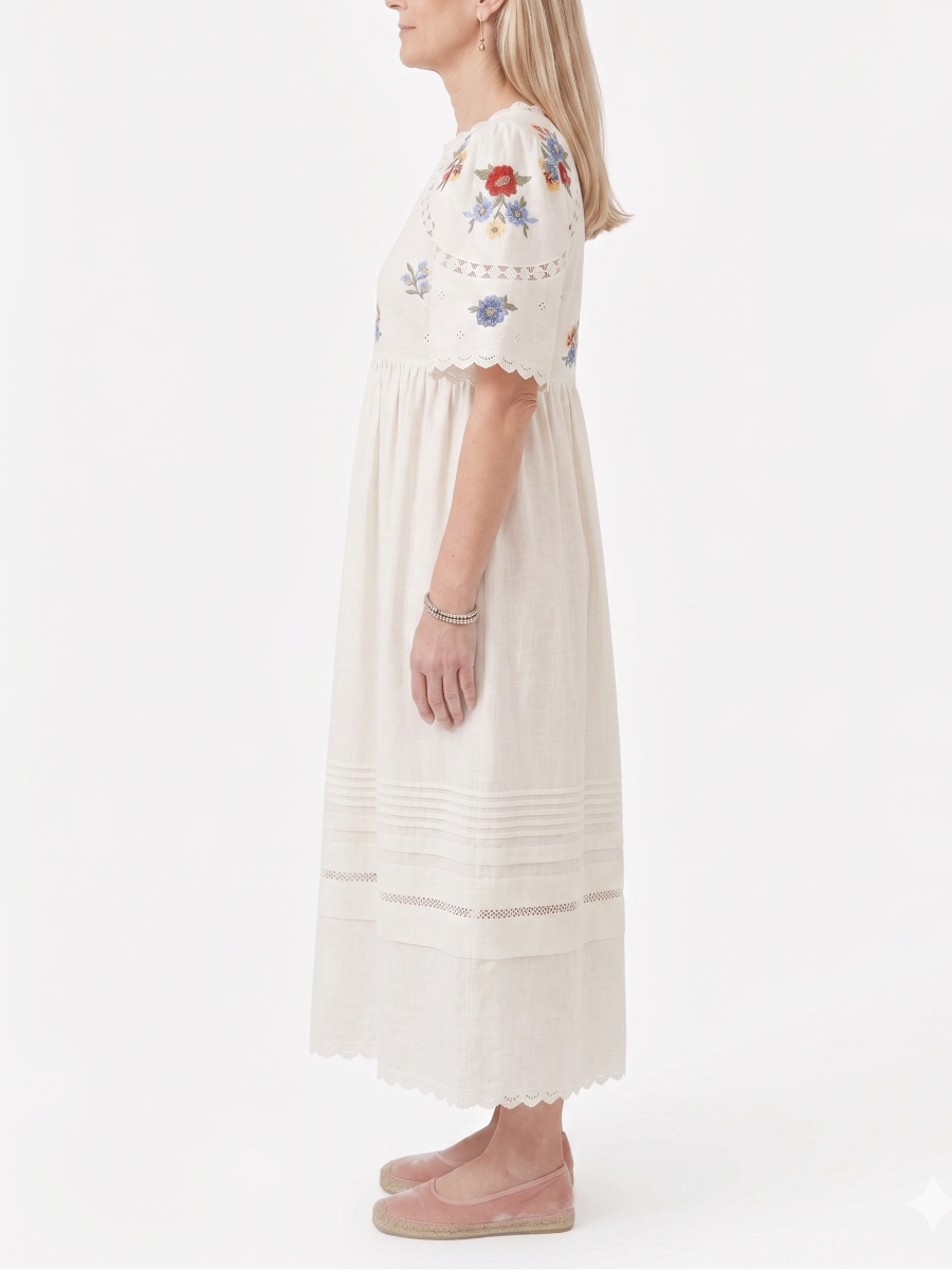 Cottagecore Embroidered Empire Waist Midi Dress