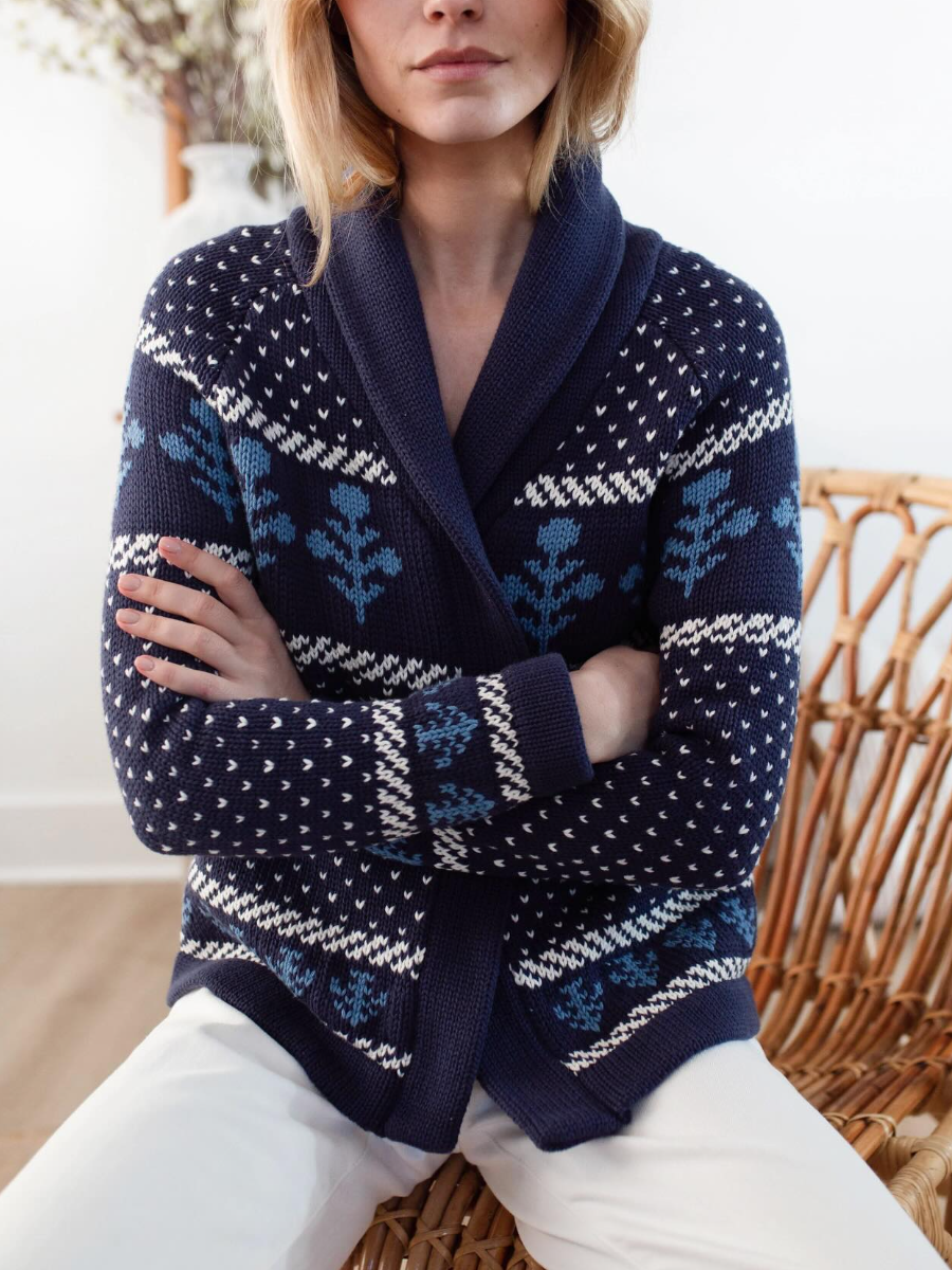Floral Knit Shawl Collar Cardigan