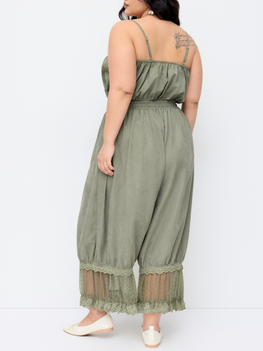 Olive Green Lace Trim Cami And Wide Leg Pants Set
