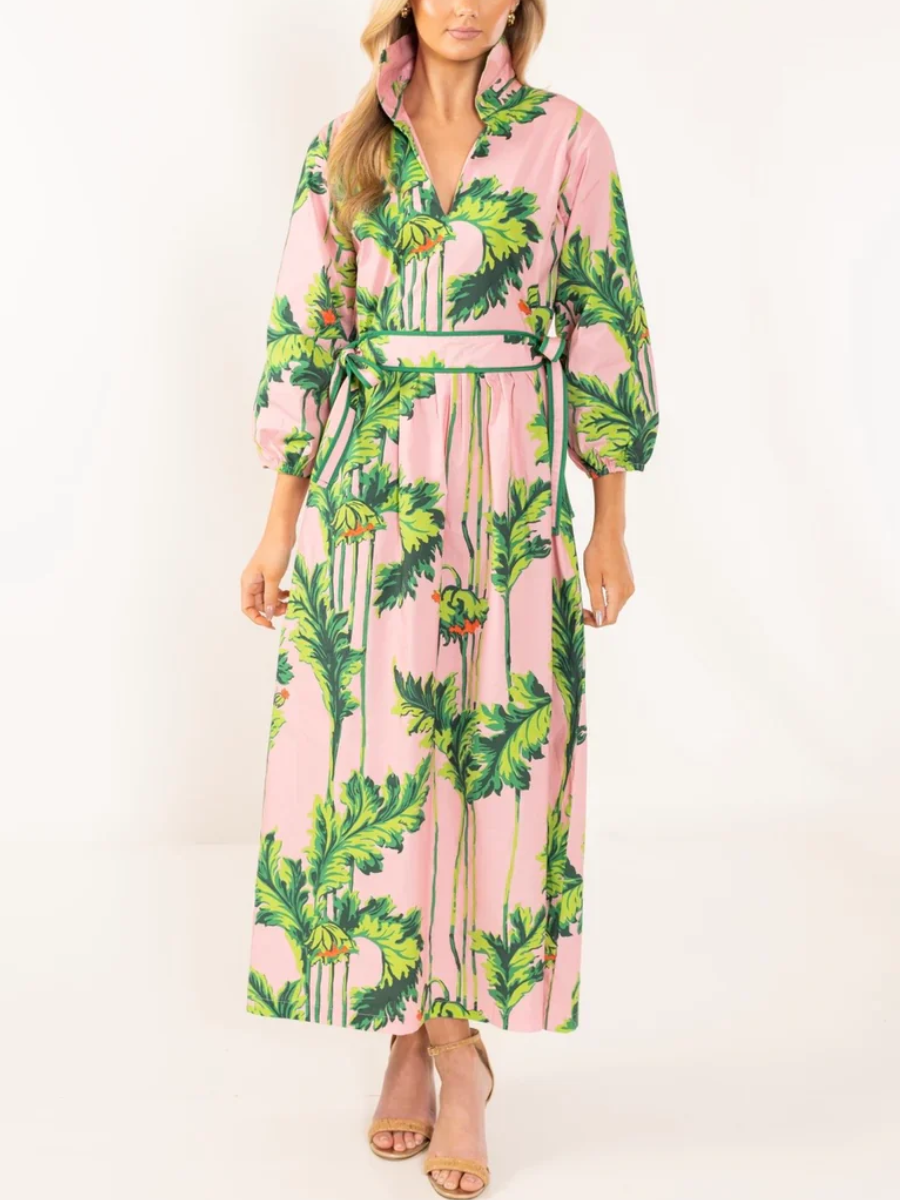 Bold Botanical Green Leaf Print Pink Midi Dress
