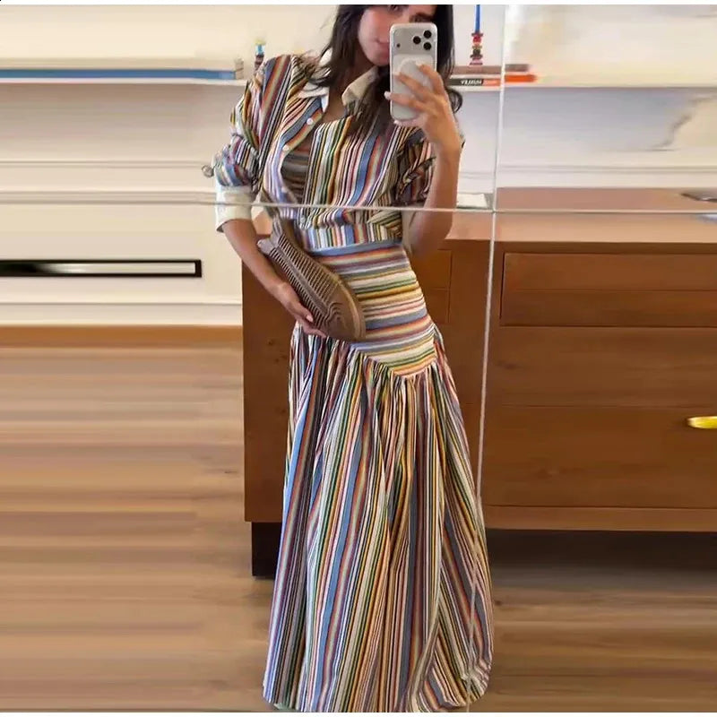 Bohemian-style colorful striped long shirt dress